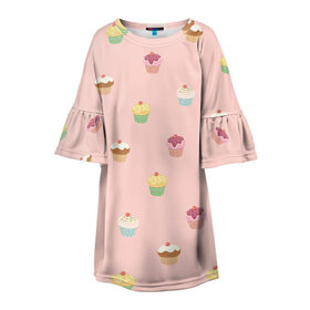 Детское платье 3D с принтом Кексики в Кировске, 100% полиэстер | прямой силуэт, чуть расширенный к низу. Круглая горловина, на рукавах — воланы | арт | выпечка | глазурь | еда | кекс | кексики | кексы | начинка | нежные цвета | рисунок | розовый | сладости | сладость