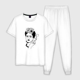 Мужская пижама хлопок с принтом Фрида Кало в Кировске, 100% хлопок | брюки и футболка прямого кроя, без карманов, на брюках мягкая резинка на поясе и по низу штанин
 | Тематика изображения на принте: 