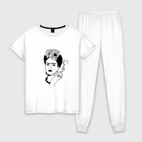 Женская пижама хлопок с принтом Фрида Кало в Кировске, 100% хлопок | брюки и футболка прямого кроя, без карманов, на брюках мягкая резинка на поясе и по низу штанин | 