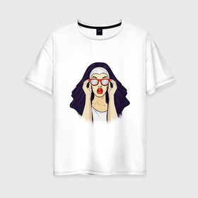 Женская футболка хлопок Oversize с принтом Монашка в Кировске, 100% хлопок | свободный крой, круглый ворот, спущенный рукав, длина до линии бедер
 | губы | женщина | иллюстрация | монашка | очки | язык