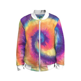 Детский бомбер 3D с принтом TIE-DYE MULTICOLOR в Кировске, 100% полиэстер | застегивается на молнию, по бокам два кармана без застежек, мягкие манжеты, по низу бомбера и на воротнике — эластичная резинка | Тематика изображения на принте: dye | multicolor | tie | trend | акварель | брызги | градиент | дай | колор | краски | красочная | мульти | потёки | пятна | радуга | радужная | тай | тайдай | текстура | тренд | хиппи