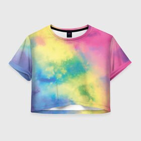 Женская футболка Crop-top 3D с принтом Tie-Dye в Кировске, 100% полиэстер | круглая горловина, длина футболки до линии талии, рукава с отворотами | Тематика изображения на принте: dye | multicolor | tie | trend | акварель | брызги | градиент | дай | колор | краски | красочная | мульти | потёки | пятна | радуга | радужная | тай | тайдай | текстура | тренд | хиппи