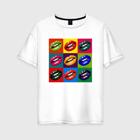 Женская футболка хлопок Oversize с принтом Pop art в Кировске, 100% хлопок | свободный крой, круглый ворот, спущенный рукав, длина до линии бедер
 | art | lips | mouth | pop | арт | губы | поп | поп арт | рот