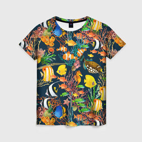Женская футболка 3D с принтом Морской мир в Кировске, 100% полиэфир ( синтетическое хлопкоподобное полотно) | прямой крой, круглый вырез горловины, длина до линии бедер | абстракция | аквариум | вода | водный мир | линия | море | нейтральная | океан | рыба | рыбки | рыбы | текстуры | узоры