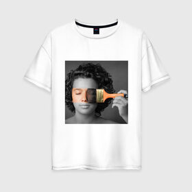 Женская футболка хлопок Oversize с принтом портрет в Кировске, 100% хлопок | свободный крой, круглый ворот, спущенный рукав, длина до линии бедер
 | девушка | искусство | краска | полоса | портрет