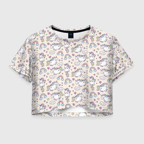Женская футболка Crop-top 3D с принтом Единорог в Кировске, 100% полиэстер | круглая горловина, длина футболки до линии талии, рукава с отворотами | арт | единорог | единороги | звезда | звёзды | лошади | облако | облачко | пони | радуга | рисунок