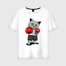 Женская футболка хлопок Oversize с принтом БоксерКотэ в Кировске, 100% хлопок | свободный крой, круглый ворот, спущенный рукав, длина до линии бедер
 | бокс | домашние животные | кот | кошки | спортсмену | юмор