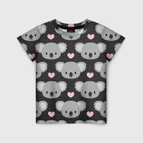 Детская футболка 3D с принтом Мордочки коал в Кировске, 100% гипоаллергенный полиэфир | прямой крой, круглый вырез горловины, длина до линии бедер, чуть спущенное плечо, ткань немного тянется | арт | коал | коала | коалы | любовь | медведь | медвежонок | мордочка | мордочки | рисунок | сердечки | сердце | серый | тёмный | чёрный