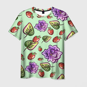 Мужская футболка 3D с принтом Роза и земляника в Кировске, 100% полиэфир | прямой крой, круглый вырез горловины, длина до линии бедер | арт | зеленый | земляника | красный | листок | листья | рисунок | роза | розы | салатовый | фиолетовая роза | фиолетовые розы | фиолетовый | цветок | цветы | ягода | ягоды