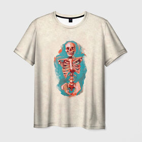 Мужская футболка 3D с принтом Скелет Джо в Кировске, 100% полиэфир | прямой крой, круглый вырез горловины, длина до линии бедер | бежевая | прикольная | принт | скелет | смешная | череп