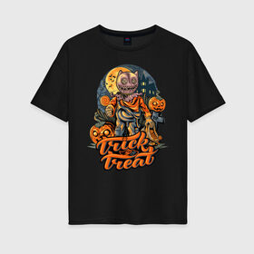 Женская футболка хлопок Oversize с принтом Trick or treat. Хэллоуин в Кировске, 100% хлопок | свободный крой, круглый ворот, спущенный рукав, длина до линии бедер
 | halloween | helloween | trick or treat | монстры | приколы | тыква | ужасы | хеллоуин | хэллоуин