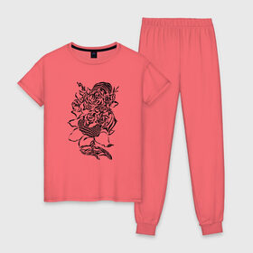 Женская пижама хлопок с принтом цветы абстракция графика в Кировске, 100% хлопок | брюки и футболка прямого кроя, без карманов, на брюках мягкая резинка на поясе и по низу штанин | абстракция | графика | подсолнух | розы | цветы