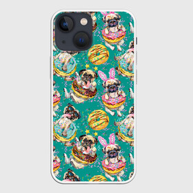 Чехол для iPhone 13 mini с принтом Мопсы в пончиках в Кировске,  |  | абстракция | еда | летняя | линия | мопс | мопсы | пес | песик | пончики | сладости | собака | собачки | текстуры | узоры