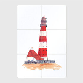 Магнитный плакат 2Х3 с принтом Маяк в Кировске, Полимерный материал с магнитным слоем | 6 деталей размером 9*9 см | архитектура | белый | дом | забор | красный | крыша | маяк | окно | песок | полосы | свет | спасение