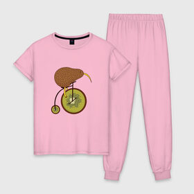 Женская пижама хлопок с принтом Киви на велосипеде в Кировске, 100% хлопок | брюки и футболка прямого кроя, без карманов, на брюках мягкая резинка на поясе и по низу штанин | bike | bird | birds | circus | cute | fruit | funny | kiwi | байк | берд | большое колесо | в разрезе | клюв | милая | милота | не достает до педалей | пополам | прикол | природа | птичка | с большим колесом | смешная | фрукт | 
