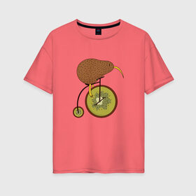 Женская футболка хлопок Oversize с принтом Киви на велосипеде в Кировске, 100% хлопок | свободный крой, круглый ворот, спущенный рукав, длина до линии бедер
 | Тематика изображения на принте: bike | bird | birds | circus | cute | fruit | funny | kiwi | байк | берд | большое колесо | в разрезе | клюв | милая | милота | не достает до педалей | пополам | прикол | природа | птичка | с большим колесом | смешная | фрукт | 