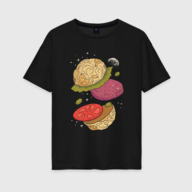 Женская футболка хлопок Oversize с принтом Луна бургер в Кировске, 100% хлопок | свободный крой, круглый ворот, спущенный рукав, длина до линии бедер
 | burger | food | funny | galaxy | hamburger | illustration | joke | moon | planet | space | start | булочки | в разрезе | галактика | гамбургер | гриль | еда | звезды | иллюстрация | космос | котлета | лист | оливки | планета | прикол | разрез | 