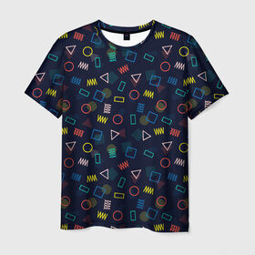 Мужская футболка 3D с принтом ГЕОМЕТРИЧЕСКИЕ ФИГУРЫ в Кировске, 100% полиэфир | прямой крой, круглый вырез горловины, длина до линии бедер | геометрия | квадрат | круг | прямоугольник | разноцветный | текстуры | треугольник | узор | фигуры