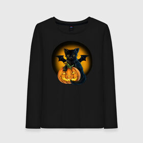 Женский лонгслив хлопок с принтом Черный котик с тыквой Хэллоуин в Кировске, 100% хлопок |  | кот | котик | крылья | летучая | луна | мышь | тыква | хеллоуин | хэллоуин | черный