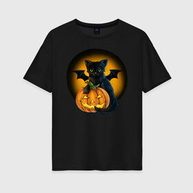 Женская футболка хлопок Oversize с принтом Черный котик с тыквой Хэллоуин в Кировске, 100% хлопок | свободный крой, круглый ворот, спущенный рукав, длина до линии бедер
 | кот | котик | крылья | летучая | луна | мышь | тыква | хеллоуин | хэллоуин | черный