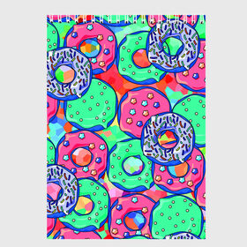 Скетчбук с принтом Donuts в Кировске, 100% бумага
 | 48 листов, плотность листов — 100 г/м2, плотность картонной обложки — 250 г/м2. Листы скреплены сверху удобной пружинной спиралью | colorful | donuts | patterns | sweet | texture | пончики | разноцветный | сладкое | текстура | узоры