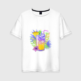 Женская футболка хлопок Oversize с принтом яркий напиток в Кировске, 100% хлопок | свободный крой, круглый ворот, спущенный рукав, длина до линии бедер
 | ананас | еда | жара | коктейль | лето | напиток | пальмы. тропики | свежесть | фрукты