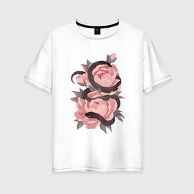 Женская футболка хлопок Oversize с принтом Змеиные розы в Кировске, 100% хлопок | свободный крой, круглый ворот, спущенный рукав, длина до линии бедер
 | Тематика изображения на принте: арт | змеиная роза | змея | змея и роза | рисунок | роза | розовая роза | розовые розы | розовый | розы | тёмный | уж | ужик | цветок | цветы | чёрный