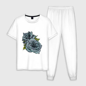 Мужская пижама хлопок с принтом Синяя роза в Кировске, 100% хлопок | брюки и футболка прямого кроя, без карманов, на брюках мягкая резинка на поясе и по низу штанин
 | арт | зеленый | рисунок | роза | розы | синие розы | синий | синяя роза | темный