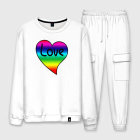 Мужской костюм хлопок с принтом Rainbow Love в Кировске, 100% хлопок | на свитшоте круглая горловина, мягкая резинка по низу. Брюки заужены к низу, на них два вида карманов: два “обычных” по бокам и два объемных, с клапанами, расположенные ниже линии бедра. Брюки с мягкой трикотажной резинкой на поясе и по низу штанин. В поясе для дополнительного комфорта — широкие завязки | heart | love is | love you | valentines day | бабушка | валентинка | влюбленные | девушке | жена | лучшая | любимая | люблю | любовь | мама | молодожены | подарок | радуга | радужный | романтика | свадебные | свадьба