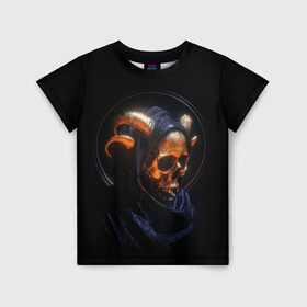 Детская футболка 3D с принтом Golden skull | 1.1 в Кировске, 100% гипоаллергенный полиэфир | прямой крой, круглый вырез горловины, длина до линии бедер, чуть спущенное плечо, ткань немного тянется | Тематика изображения на принте: cool | cyborg | decoration | fashion | fear | ghost | halloween | head | horror | robot | skeleton | skull | technology | голова | киборг | круто | мода | призрак | робот | скелет | технологии | ужас | украшение | хеллоуин | череп