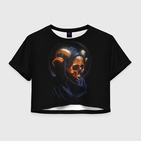 Женская футболка Crop-top 3D с принтом Golden skull | 1.1 в Кировске, 100% полиэстер | круглая горловина, длина футболки до линии талии, рукава с отворотами | cool | cyborg | decoration | fashion | fear | ghost | halloween | head | horror | robot | skeleton | skull | technology | голова | киборг | круто | мода | призрак | робот | скелет | технологии | ужас | украшение | хеллоуин | череп