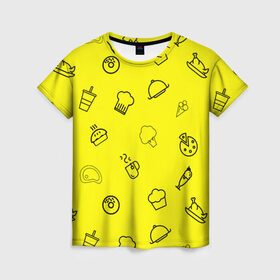 Женская футболка 3D с принтом Мастер кулинарии в Кировске, 100% полиэфир ( синтетическое хлопкоподобное полотно) | прямой крой, круглый вырез горловины, длина до линии бедер | cooking | броколе | вектор | кофе | кулинария | мороженое | сыр