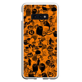 Чехол для Samsung S10E с принтом Halloween в Кировске, Силикон | Область печати: задняя сторона чехла, без боковых панелей | ведьма | кот | паттерн | паутина | привидение | призрак | скелет | тыква