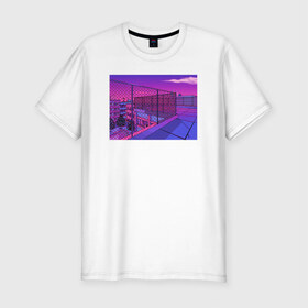 Мужская футболка хлопок Slim с принтом NFRNS -такты в Кировске, 92% хлопок, 8% лайкра | приталенный силуэт, круглый вырез ворота, длина до линии бедра, короткий рукав | графика | игра | компьютерная графика | неон | пейзаж | пиксели | пиксельный пейзаж | фиолетовый