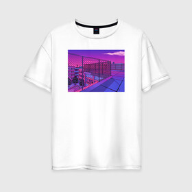 Женская футболка хлопок Oversize с принтом NFRNS -такты в Кировске, 100% хлопок | свободный крой, круглый ворот, спущенный рукав, длина до линии бедер
 | графика | игра | компьютерная графика | неон | пейзаж | пиксели | пиксельный пейзаж | фиолетовый