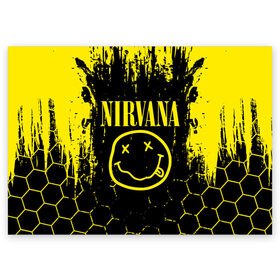 Поздравительная открытка с принтом Nirvana. в Кировске, 100% бумага | плотность бумаги 280 г/м2, матовая, на обратной стороне линовка и место для марки
 | music | nirvana | rock | smile | американская рок группа | гранж | известные личности | крист новоселич | курт кобейн | музыка | музыканты | нирвана | панк рок | певцы | рок | смайл | хард рок | хэви металл