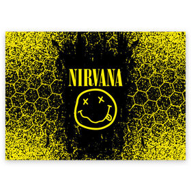 Поздравительная открытка с принтом Nirvana. в Кировске, 100% бумага | плотность бумаги 280 г/м2, матовая, на обратной стороне линовка и место для марки
 | Тематика изображения на принте: 