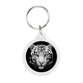 Брелок круглый с принтом Белый тигр в Кировске, пластик и полированная сталь | круглая форма, металлическое крепление в виде кольца | белый тигр | крупный тигр | крупным планом | с голубыми глазами | тигры