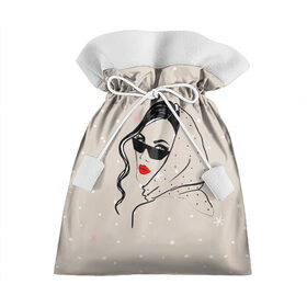 Подарочный 3D мешок с принтом Модная девушка в очках в Кировске, 100% полиэстер | Размер: 29*39 см | Тематика изображения на принте: беж | брюнетка | гламур | девушка | красота | лицо | мода | очки | помада