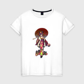 Женская футболка хлопок с принтом Geisha 1-7 в Кировске, 100% хлопок | прямой крой, круглый вырез горловины, длина до линии бедер, слегка спущенное плечо | japan | девушка | катана | япония