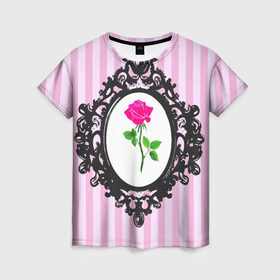 Женская футболка 3D с принтом Роза в рамке в Кировске, 100% полиэфир ( синтетическое хлопкоподобное полотно) | прямой крой, круглый вырез горловины, длина до линии бедер | классика | полоска | рамка | роза | розовый | черный