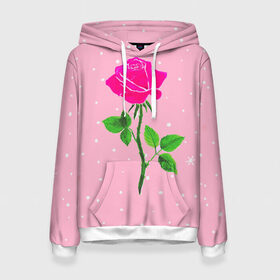 Женская толстовка 3D с принтом Роза на розовом в Кировске, 100% полиэстер  | двухслойный капюшон со шнурком для регулировки, мягкие манжеты на рукавах и по низу толстовки, спереди карман-кенгуру с мягким внутренним слоем. | женственно | красота | роза | розовый | снежинки | фуксия | цветок | шик