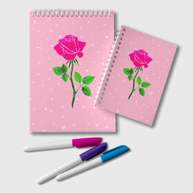 Блокнот с принтом Роза на розовом в Кировске, 100% бумага | 48 листов, плотность листов — 60 г/м2, плотность картонной обложки — 250 г/м2. Листы скреплены удобной пружинной спиралью. Цвет линий — светло-серый
 | женственно | красота | роза | розовый | снежинки | фуксия | цветок | шик