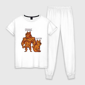 Женская пижама хлопок с принтом Качок Доге и маленький Чимс в Кировске, 100% хлопок | брюки и футболка прямого кроя, без карманов, на брюках мягкая резинка на поясе и по низу штанин | bodybuilder | cheems | chims | cool | cry | crying | doge | japan | japanese | little | meme | memes | power | powerful | shiba inu | small | крутой | мемас | мемчик | накаченный | песель | песик | плакса | плачет | порода | сиба ину | собак