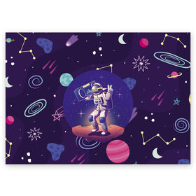 Поздравительная открытка с принтом Space disco в Кировске, 100% бумага | плотность бумаги 280 г/м2, матовая, на обратной стороне линовка и место для марки
 | astronaut | gesture | planet | recorder | space | spacesuit | star | жест | звезда | космонавт | космос | магнитофон | очки | планета