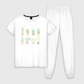 Женская пижама хлопок с принтом Кактусы в Кировске, 100% хлопок | брюки и футболка прямого кроя, без карманов, на брюках мягкая резинка на поясе и по низу штанин | кактус | кактусы | растение | сердечка | цветочный горшок | цветущее растение