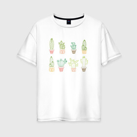 Женская футболка хлопок Oversize с принтом Кактусы в Кировске, 100% хлопок | свободный крой, круглый ворот, спущенный рукав, длина до линии бедер
 | кактус | кактусы | растение | сердечка | цветочный горшок | цветущее растение