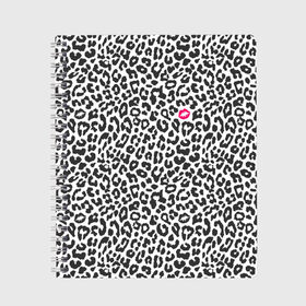 Тетрадь с принтом Kiss в Кировске, 100% бумага | 48 листов, плотность листов — 60 г/м2, плотность картонной обложки — 250 г/м2. Листы скреплены сбоку удобной пружинной спиралью. Уголки страниц и обложки скругленные. Цвет линий — светло-серый
 | art | background | kiss | leopard | lips | spots | texture | арт | губы | леопард | поцелуй | пятна | текстура | фон