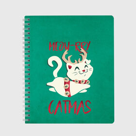 Тетрадь с принтом Meow-rry Catmas в Кировске, 100% бумага | 48 листов, плотность листов — 60 г/м2, плотность картонной обложки — 250 г/м2. Листы скреплены сбоку удобной пружинной спиралью. Уголки страниц и обложки скругленные. Цвет линий — светло-серый
 | 2021 | cat | catmas | christmas | happy new year | merry christmas | new year | кот | котейка | котики | новый год | праздник | рождество