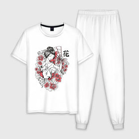 Мужская пижама хлопок с принтом Гейша в Кировске, 100% хлопок | брюки и футболка прямого кроя, без карманов, на брюках мягкая резинка на поясе и по низу штанин
 | geisha | japan | веер | девушка | женщина | иероглиф | иероглифы | кимоно | рисунок | сакура | цветочки | цветы | япония | японка